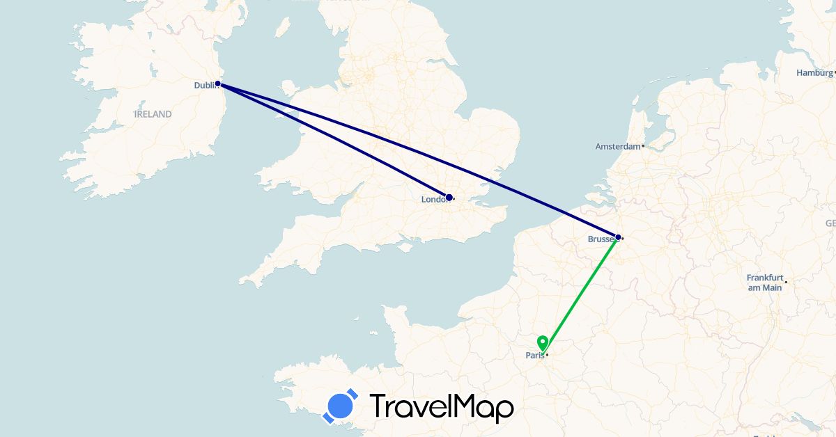 TravelMap itinerary: driving, bus in Belgium, France, United Kingdom, Ireland (Europe)
